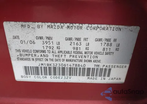 2006 Mazda Mazda3 S from USA, damaged, VIN JM1BK323061478840